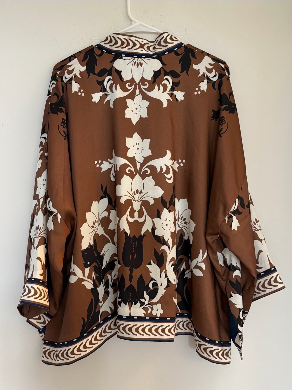 Chico's Brown Floral-Print Open Kimono with Navy Interior-Size L/XL - Picture 4 of 12